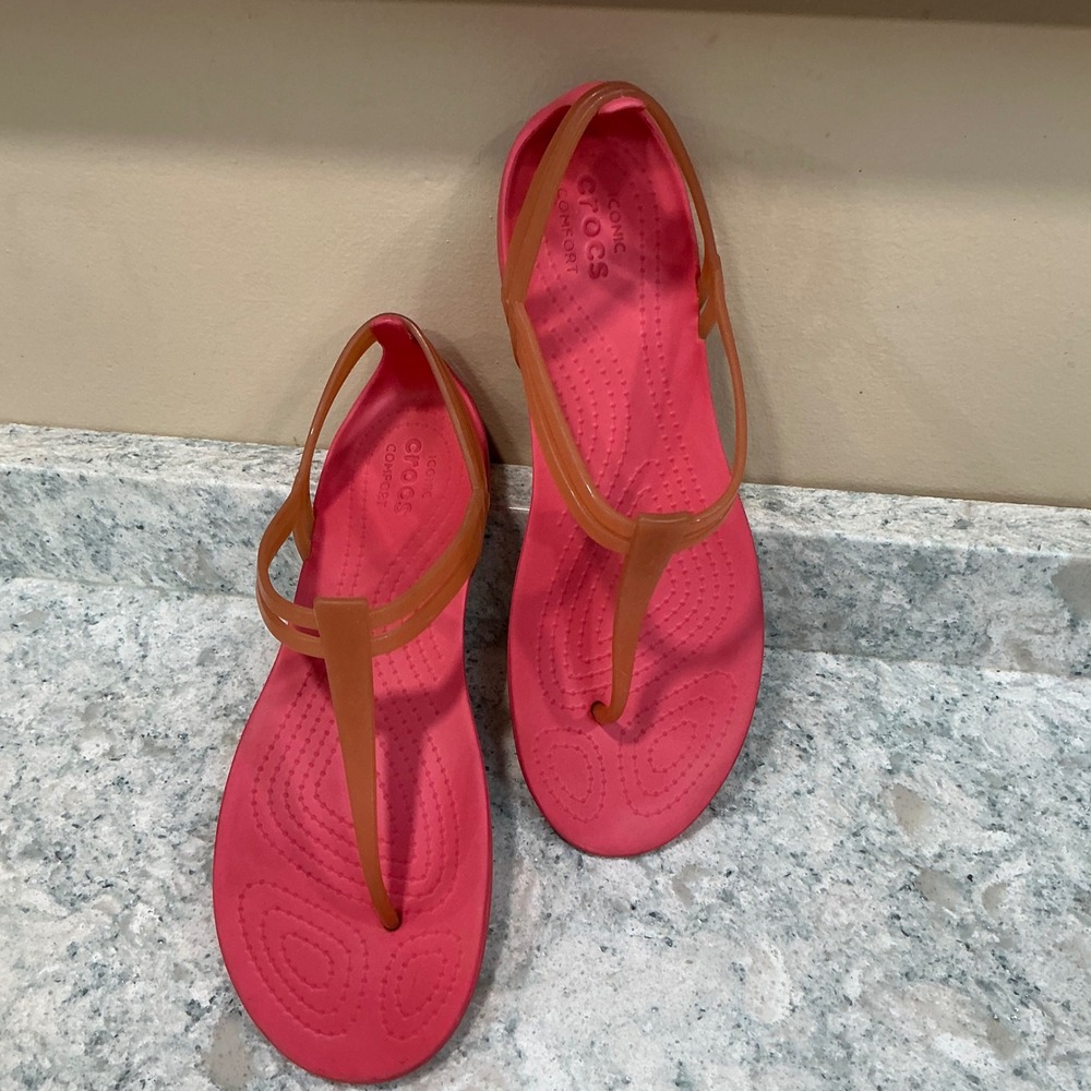 Crocs Sandals Isabella T Strap Size 8 Pink Orange Jelly Slingback Thong 202467